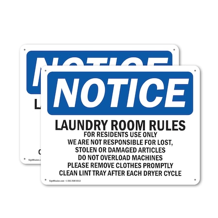 Signmission Laundry Room Rules For Residents Use Only, 14 in W x Rectangle, Aluminum OS-2PACK-NS-A-1014-L-13983
